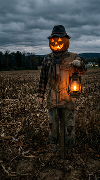 Spooky halloween scarecrow with jack o' lantern head and lantern in cornfield