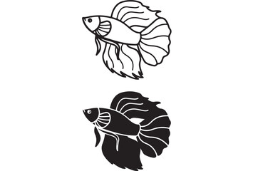 Obraz premium Betta fish vector icons, Siamese fighting fish line art and silhouette set, elegant aquatic animal illustrations for logo design and branding