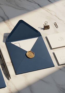 Blue envelope with gold seal and office accessories.