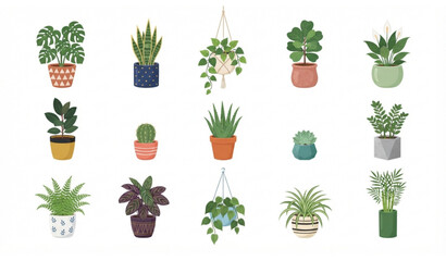 Fototapeta premium Indoor House Plants Vector Collection with Decorative Flower Pots Cute Botanical Illustrations Isolated on White Background