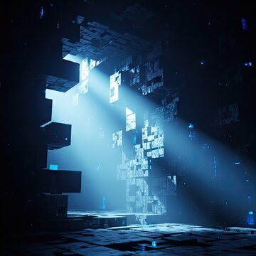 Blue futuristic cubic corridor with volumetric light rays