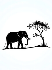 Fototapeta premium Elegant Elephant Silhouette in a Serene Savanna Landscape with an Acacia Tree and Perched Bird, Capturing the Untamed Spirit of African Wildlife