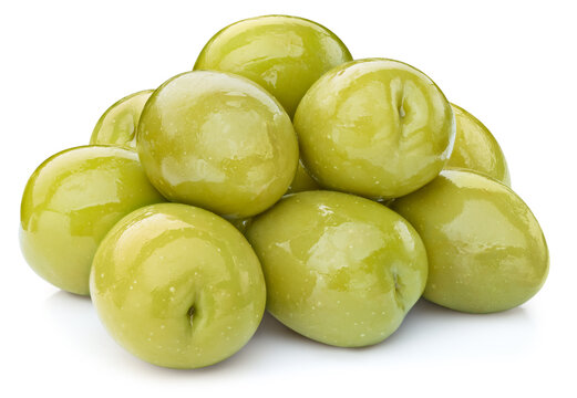 Canned green olives for packaging. Fresh pickled olives isolated on white background with clipping path