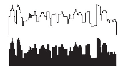 Fototapeta premium Minimalist city skyline vector set, black silhouette and thin line art urban landscape, modern skyscraper horizon panorama for web design