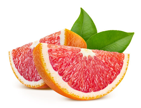 Red orange fruit slices with green leaf isolated on white background. Organic red orange segments with clipping path for digital editing. Each red orange slice looks fresh and healthy