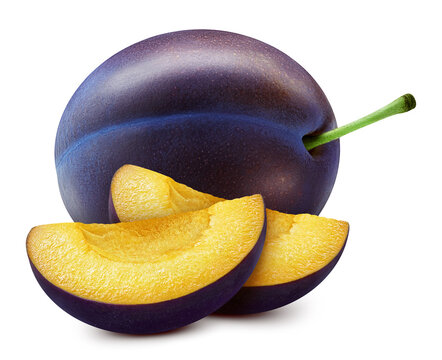 Fresh organic plum isolated clipping path. Plum macro studio photo
