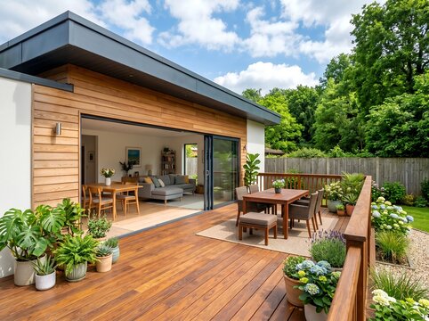ウッドデッキのあるおしゃれなリビングと開放的なテラスがあるモダンな一戸建て