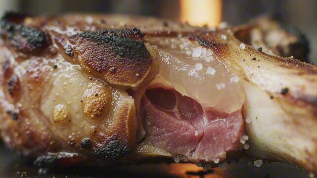 Charred tomahawk steak at the bone showing glossy translucent fat and pink meat fibers, topped with coarse salt crystals and a blistered pepper crust under warm firelight.