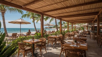 Fototapeta premium Dining Area by Beach With Tables and Umbrellas Next to Palm Trees and Ocean in Sunny Weather