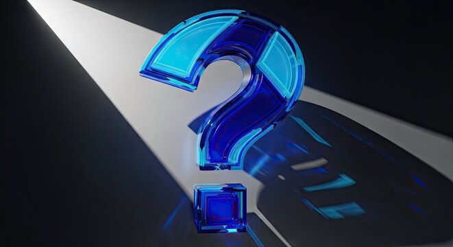 Blue glass 3D question mark on reflective black surface.