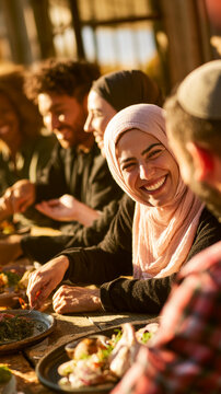  Multi-faith diverse friends sharing a meal together at one table, vertical