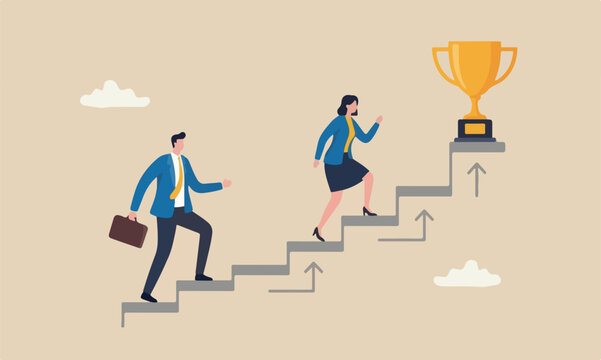 Business competition concept, businessman and businesswoman walk up stair compete to win trophy