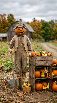 Halloween pumpkin scarecrow in autumn pumpkin patch farm scene