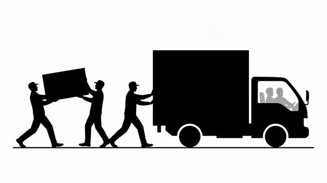 Black and white silhouette of movers loading cardboard boxes into a delivery truck.
