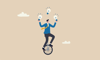 Creativity,The background is a solid pale beige or cream color, with two smal innovation or skill to success in business, skillful businessman riding unicycle juggling lightbulb lamp metaphor of © Parul