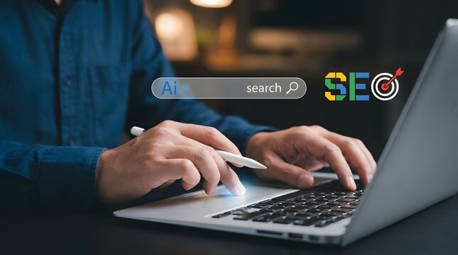 Ai powered seo man using laptop with artificial intelligence search and seo graphic