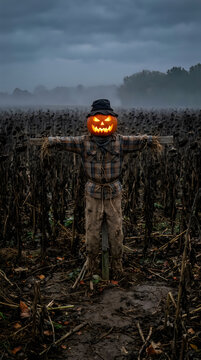 Spooky halloween scarecrow in sunflower field autumn harvest decoration and seasonal display
