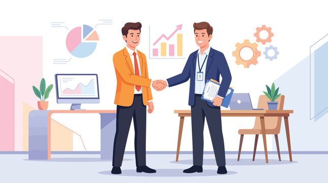 Two smiling business professionals shaking hands sealing a successful partnership agreement in a modern office environment