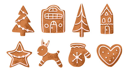 Christmas gingerbread cookie in shape of house, reindeer and pine tree. Flat xmas elements with hand drawn texture © Yulia Zelinskaya