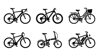 Obraz premium Bicycle silhouette set featuring road mountain city folding and electric bikes vector illustration.