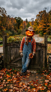 Halloween scarecrow with pumpkin head in autumnal countryside scene