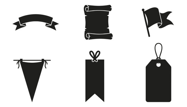 Graphic collection of banner silhouettes paper scroll and hanging flag signs vector illustration.