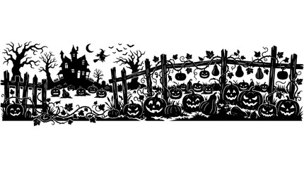 Fototapeta premium Silhouette of a spooky halloween scene with haunted house bats pumpkins and fence