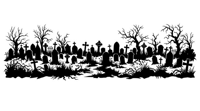 Silhouette of a spooky graveyard scene with tombstones and leafless trees on a dark night