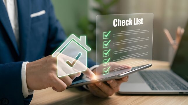 Home inspection checklist on tablet with business professional in background