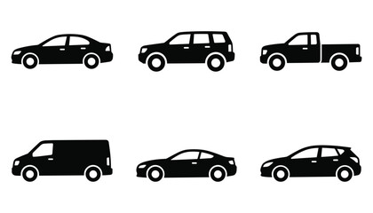 Fototapeta premium Variety of car silhouettes vector illustration set isolated on transparent background, vehicle icons.