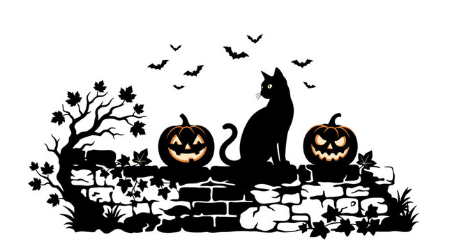 Halloween silhouette with cat pumpkins bats and spooky trees on dark night scene