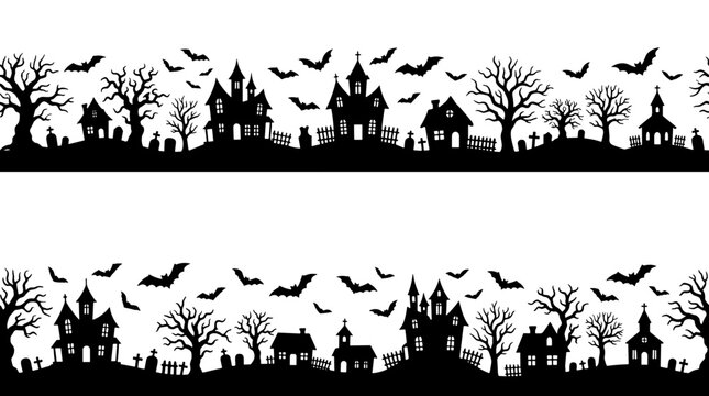 Silhouette of spooky haunted houses with bats and leafless trees on a dark night sky