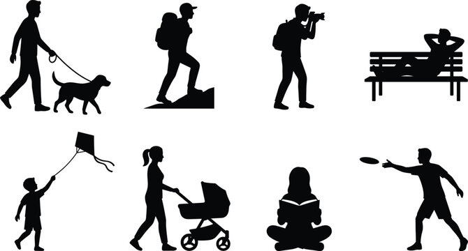 WebPark activities silhouettes set with man walking dog, hiker, photographer, person on bench, kid with kite, mother with baby stroller, reading book, and frisbee player.