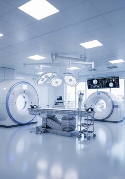 Blue-lit operating room with scanners and overhead surgical lamps.