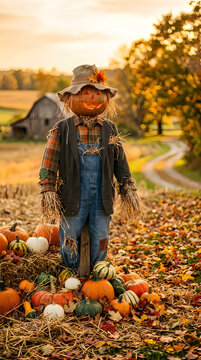 Festive halloween scarecrow in pumpkin patch autumn farm scene for seasonal decor