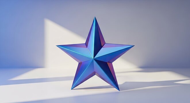 Blue metallic 3D star on white background.