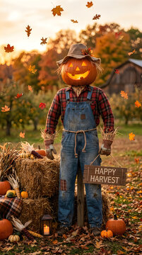 Halloween scarecrow with pumpkin head in autumnal field festive fall decoration