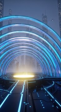 Blue neon glowing arches in futuristic city landscape.