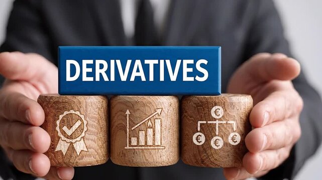 Businessman holding wooden blocks with derivative icons for financial planning and investment growth
