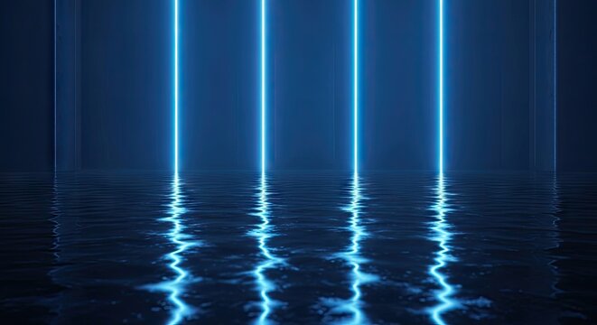 Blue neon vertical lights reflecting on dark rippling water.