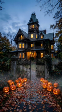 Spooky halloween victorian mansion with jack o' lanterns a festive autumn night scene