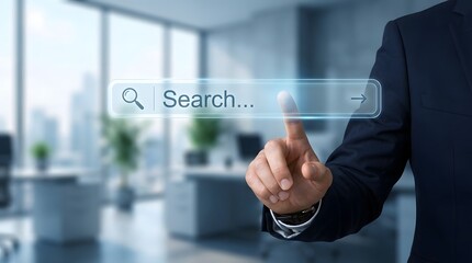 Obraz premium Businessman interacting with a digital search bar in a modern office setting