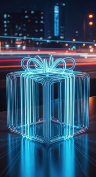 Blue neon wireframe gift box against city night lights.