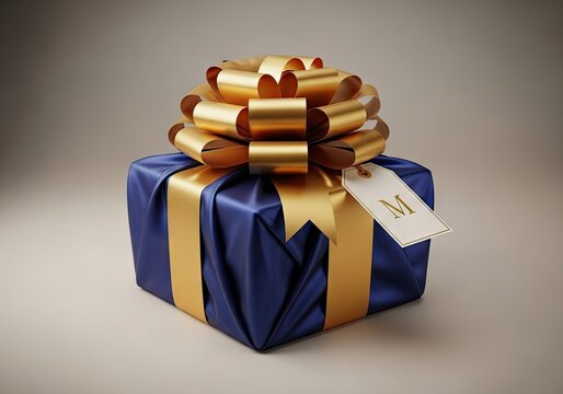 Blue present box with golden bow and tag.