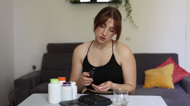 A young woman feels emotionally drained by her endless daily supplement routine wishing she did not have to take so many pills every day