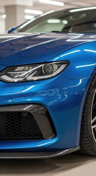 Blue sports car headlight and front bumper detail.