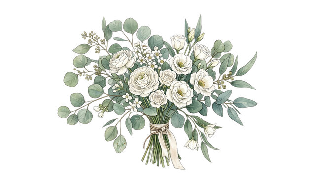 Elegant Watercolor Bridal Bouquet Featuring White Ranunculus and Eustoma Flowers with Delicate Eucalyptus Greenery for Wedding Floral Design