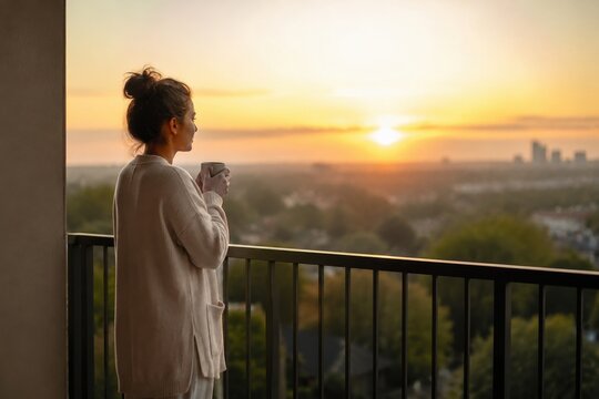 Woman in cardigan holds mug on balcony at dusk. Peaceful evening reflection overlooking urban skyline. Ideal for wellness and lifestyle content.