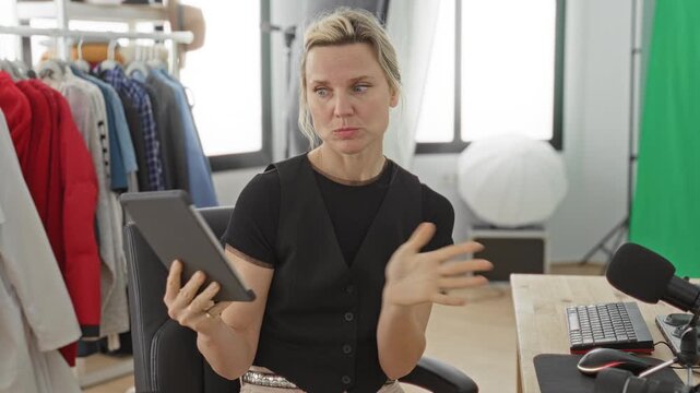 Woman holding a tablet, hand to chest gesture while seated among clothing rack and softbox in a studio; sincere warmth.
