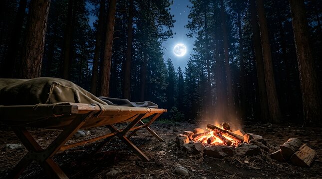 A rustic wooden camping cot with a warm folded blanket sits beside a bright glowing campfire during a peaceful and silent night in the woods.
